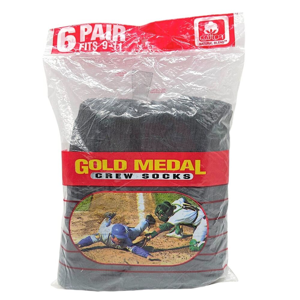 Vintage Gold Medal Crew Socks NOS 6Pk Black Cotton